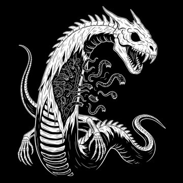Monochromatic skeletal dragon with internal serpentine creatures.