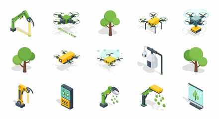 Isometric icons of sustainable technology and environmental conservation. © Omah