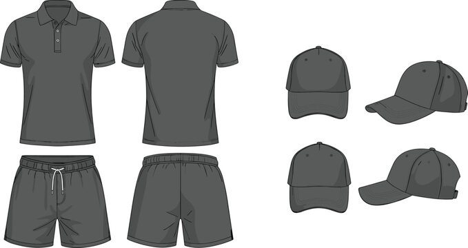 Sportswear Mockup Collection with Polo Shirt Shorts and Baseball Caps Front Back Views Vector Set