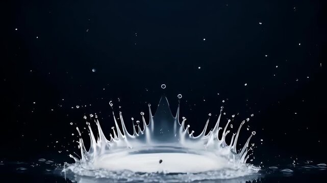 Milk splash crown on black background with reflective surface and flying drop, white liquid drop, minimal isolated composition