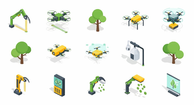 Isometric icons of sustainable technology and environmental conservation.