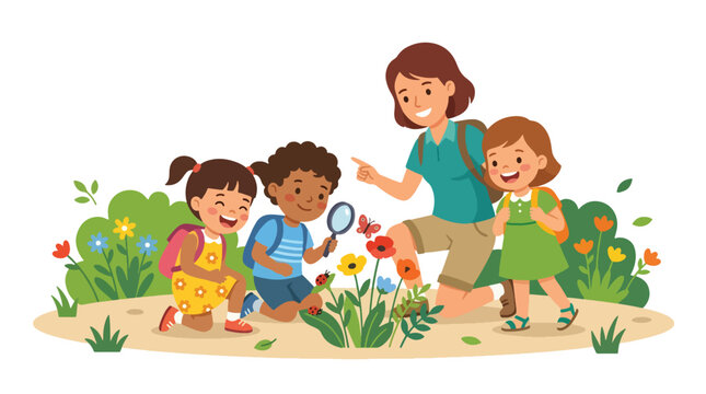 Flat style vector illustration of preschool children exploring plants and insects during a guided nature walk activity that promotes outdoor learning