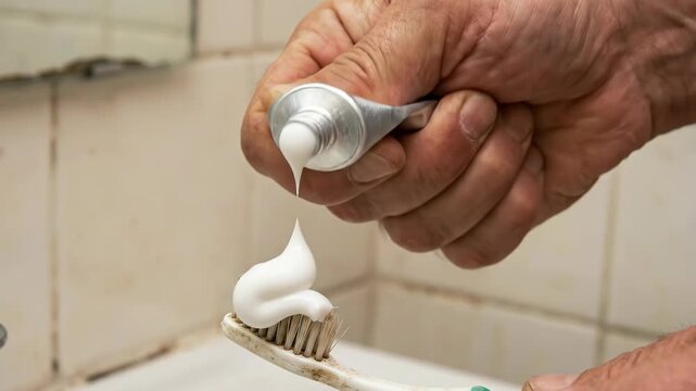Toothpaste on toothbrush, hand cleaning brush for dental hygiene and oral care in bathroom cleaning scene