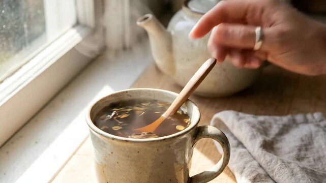 Tea in Ceramic Mug by Window, Hand Stirring Hot Drink, Warm Cozy Kitchen Light Scene