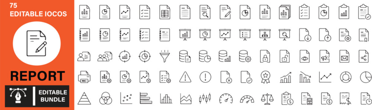 75 Report Line Icons Set &ndash; Business Reporting, Documentation, Analytics and Audit Vector Collection
