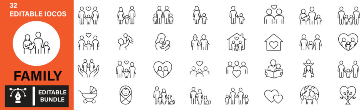 32 Family Vector Icons Bundle - Parenting, Parents, Children, Family Care and Relationship Outline Symbols Collection