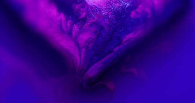 Ink spill. Geometric abstract background. Defocused purple blue neon color glass angle shiny cube bubbles floating on wet acrylic art.