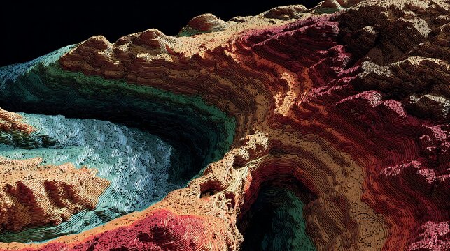 Abstract 3 d rendered landscape with layered rock textures and turquoise water