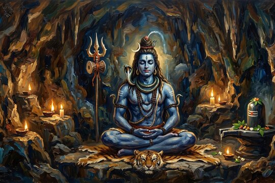 Shiva meditation in a cave temple.