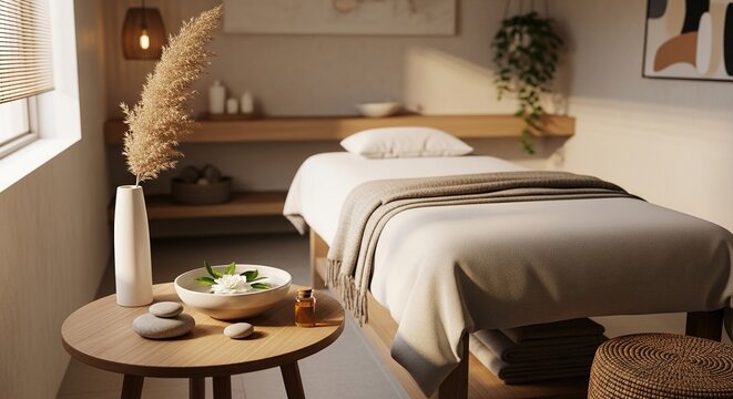 Serene spa interior with a massage table, wooden side table with a vase of pampas grass, a bowl of water with a flower, and soft sunlight creating a relaxing atmosphere for wellness and therapy
