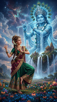 Cosmic devotion concept art with a traditional dancer in a field of flowers and a majestic celestial deity Lord Krishna playing music in the heavens