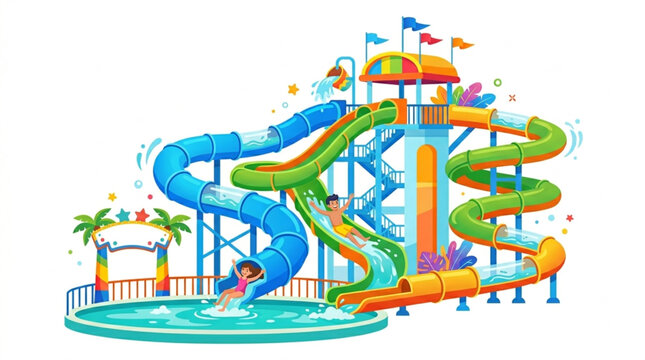 Colorful water park vector illustration with aqua slides pool and happy kids splashing isolated on white background