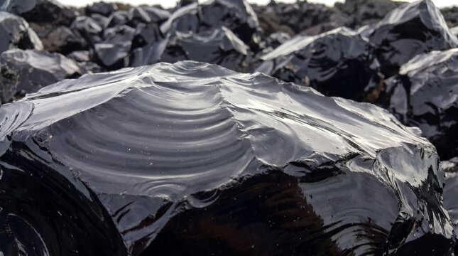 Obsidian rocks exhibit smooth conchoidal fractures and a reflective dark surface in a natural pile.