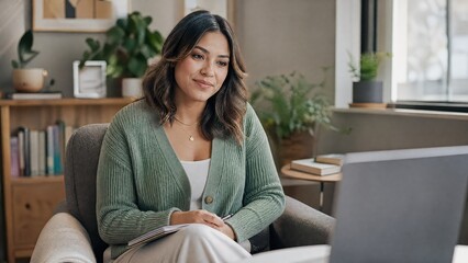 Obraz premium Generative AI, Gentle Woman Smiling While Having Video Call on Laptop at Home