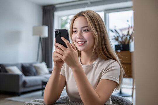 Smile young woman using smartphone at home, holding phone on her hand use of shopping, search, chat, message at indoor living room with beautiful natural light