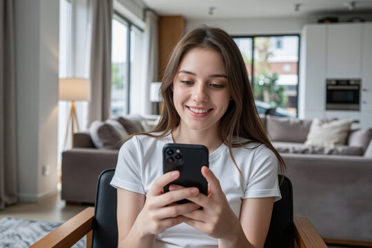 Smile young woman using smartphone at home, holding phone on her hand use of shopping, search, chat, message at indoor living room with beautiful natural light