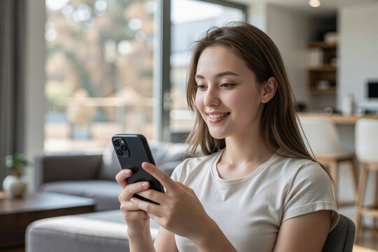 Smile young woman using smartphone at home, holding phone on her hand use of shopping, search, chat, message at indoor living room with beautiful natural light