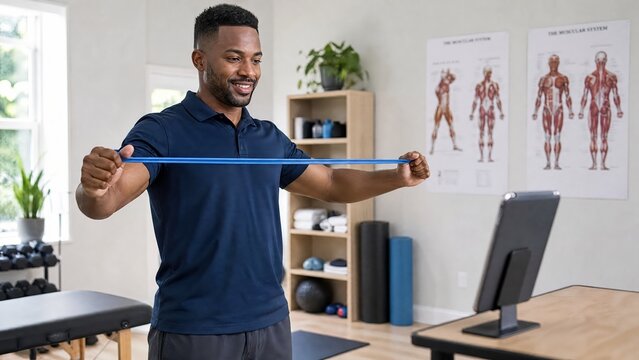 Generative AI, Black Male Physiotherapist Demonstrating Resistance Band Exercise on Tablet