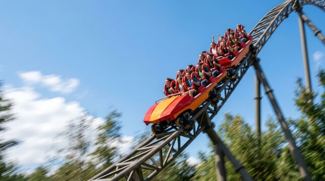 Thrilling Orange Roller Coaster Ride with Excited Riders on Tall Steel Track.