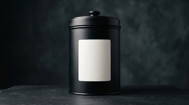 A minimalist matte black metal canister with a blank white square label, set against a dark textured background on a slate surface.