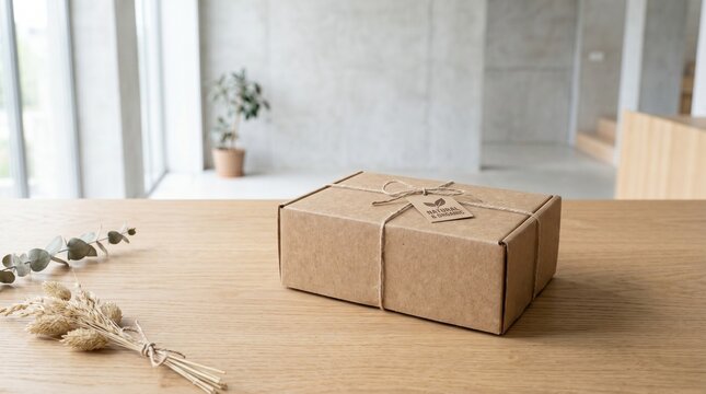 An eco-friendly brown cardboard parcel tied with twine and a "Natural & Organic" tag, resting on a wooden table in a minimalist interior.