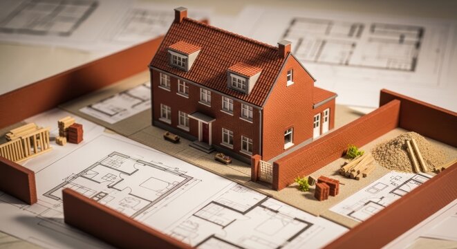Detailed miniature brick house model on architectural blueprints showcasing construction planning and design concepts