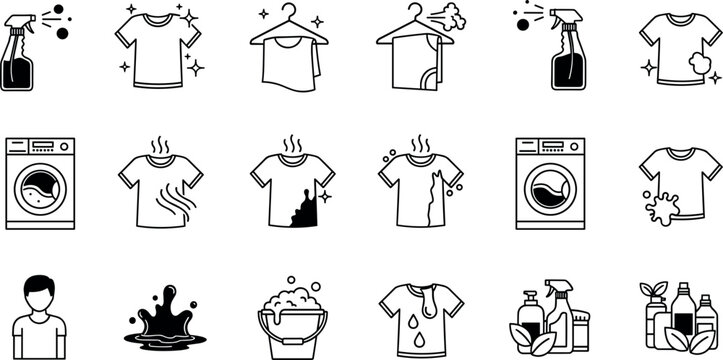 Laundry and Garment Care Line Icon Set Featuring Washing Machines Spray Bottles Dirty Clothes Stains Foam Buckets and Eco Detergent Symbols VectorLaundry and Garment Care Line Icon Set Featuring Washi