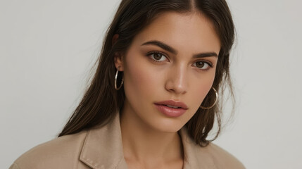 Naklejka premium Young woman portrait with neutral expression in beige jacket, natural makeup, hoop earrings