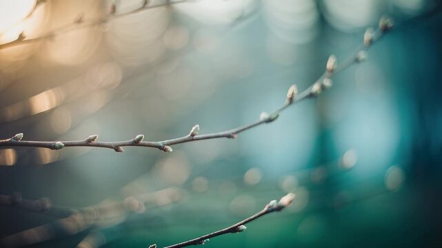 Close up of tree branches with young buds in soft natural light and blurred background in early spring