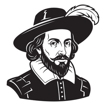 William Shakespeare portrait vector illustration with feathered hat beard and ruff collar for literature and theater themes