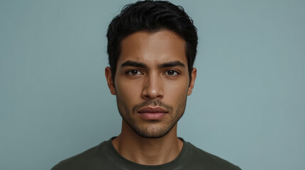 Obraz premium Young man portrait with neutral expression against pastel background