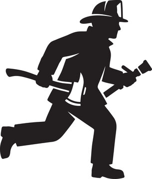 Running firefighter holding a fire axe and a nozzle in a dynamic pose.