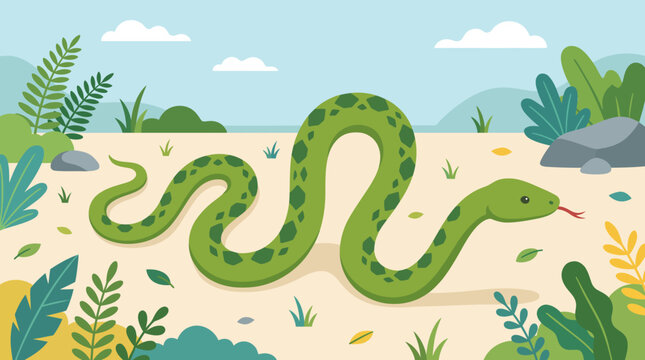 Vibrant green serpent exploring a lush, untamed jungle environment, showcasing wild reptilian beauty under a bright sky