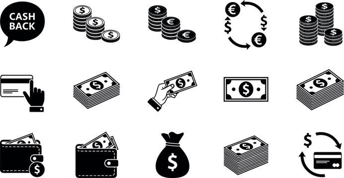 Financial Banking and Cash Back Solid Glyph Icon Set with Dollar Bills Coin Stacks Wallets Money Bag and Currency Exchange Symbols VectorFinancial Banking and Cash Back Solid Glyph Icon Set with Dolla