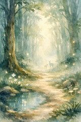 Obraz premium watercolor magical misty forest background