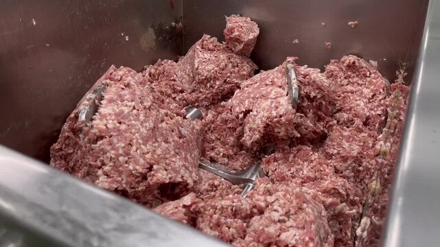 Raw meat filling being mixed in an industrial food mixer during food manufacturing operations. Ingredient blending process used to ensure product consistency, texture, and quality before further produ