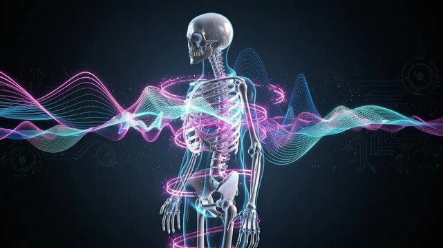 Human skeleton with glowing rings and waveforms representing health technology and medical science