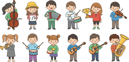 Fototapeta premium Children Playing Musical Instruments Collection School Music Education Band Performance Vector Illustration Set