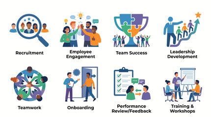 Fototapeta premium A vibrant illustration showcasing various aspects of business teamwork including recruitment and leadership development