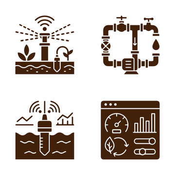Smart irrigation and water management technology icon set with irrigation