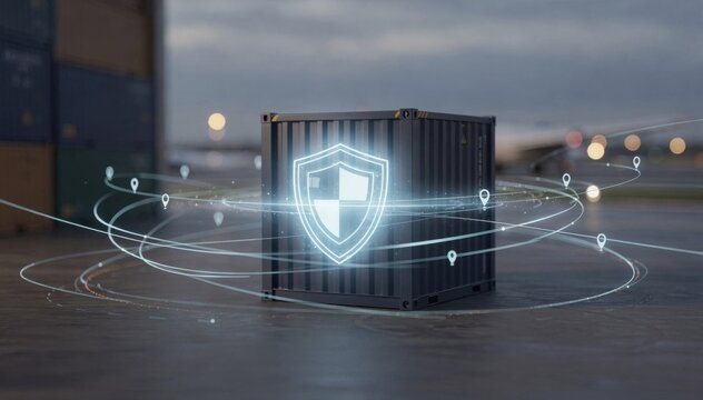 Focused medium shot of an insured cargo container featuring a luminous shield surrounded by dynamic route lines and tracking points set against a blurred abstract warehouse