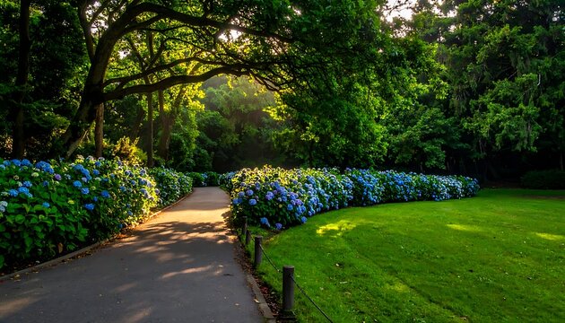 A serene pathway through a lush garden with vibrant blue flowers
