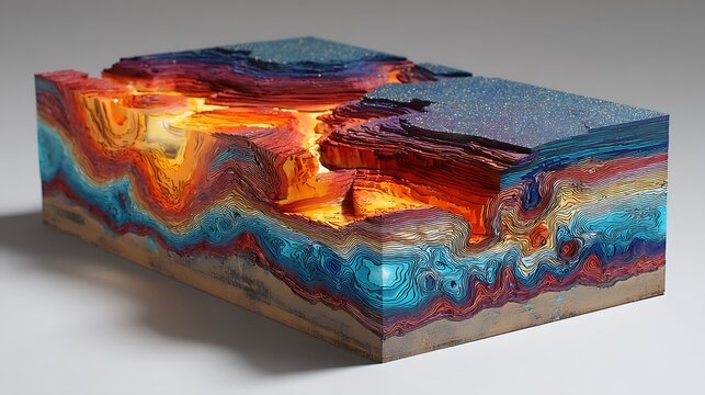 Abstract of fiery molten lava flow with blue and orange hues
