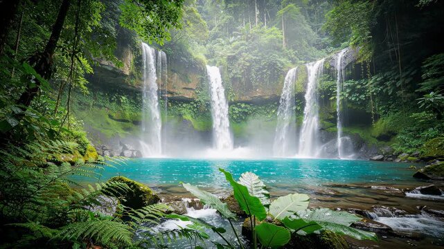 Tropical rainforest waterfall with clear blue water surrounded by lush green plants and mossy rocks