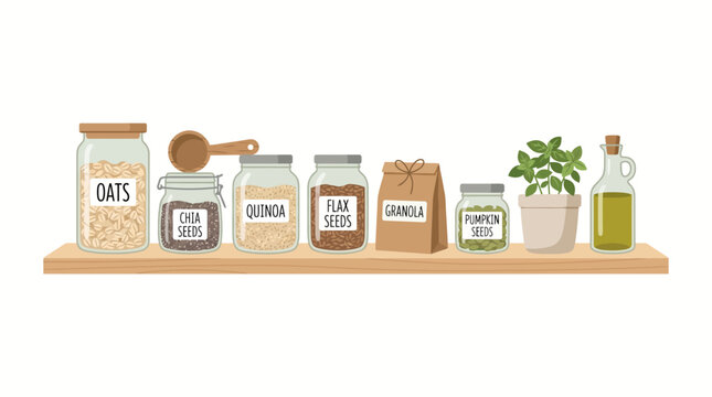 Various grains and seeds in jars and bags on a wooden shelf