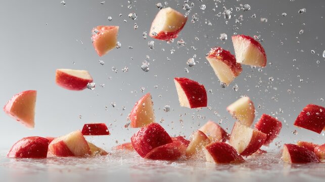 Chopped red apples pieces floating in mid-air, water droplets scattering dynamically, isolated on a light grey background with copy space.