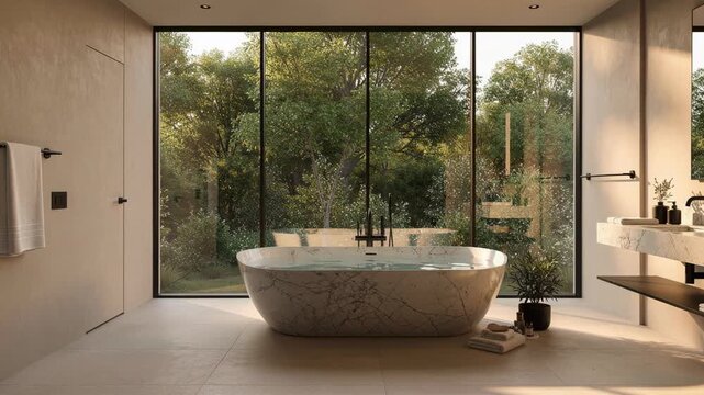 Modern bathroom with freestanding marble bathtub and large window overlooking green trees and nature