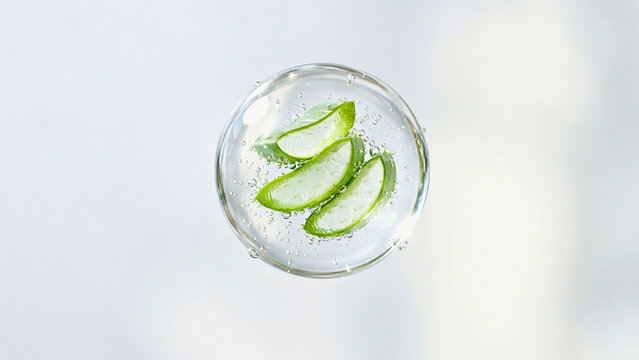 Natural aloe vera ingredient displayed in a glass orb for cosmetic and wellness concepts.