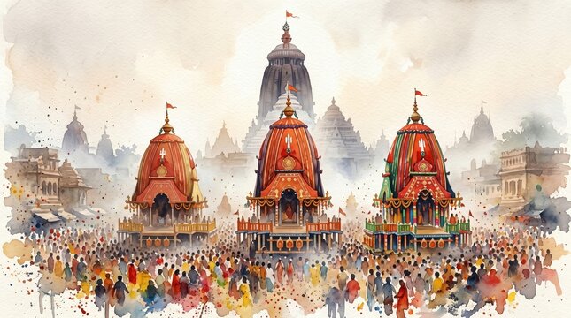 Artistic watercolor of jagannath rath yatra procession with three chariots and devotee crowd