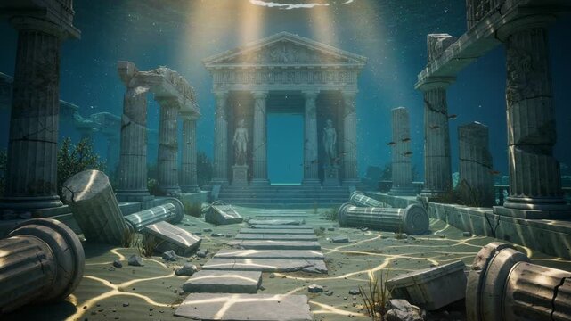 Ancient Greek underwater ruins with sun rays shining on broken marble columns and statues